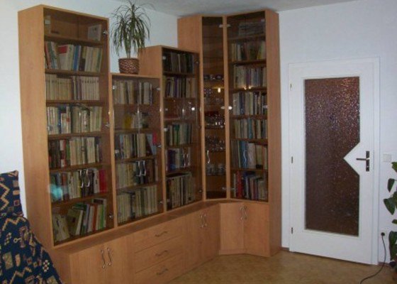 Prosklená knihovna s úložným prostorem a rohová police