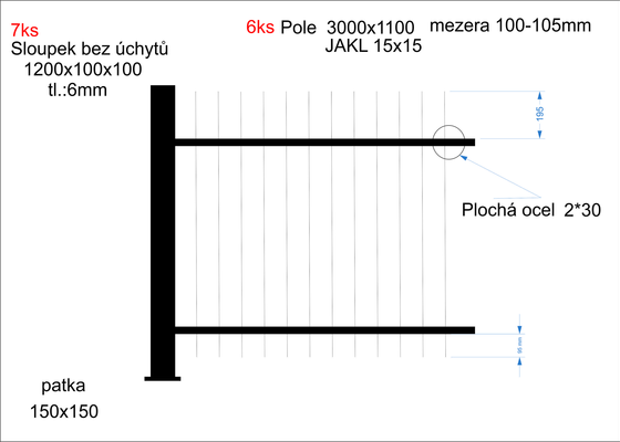 Kovový plot 3000x1100 a sloupky s patkou 1200x100x100 - celkem 18m 