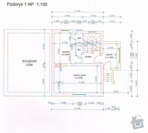 Překreslení stávajícího stavu domu do DWG pro architekta: pudorys_1np