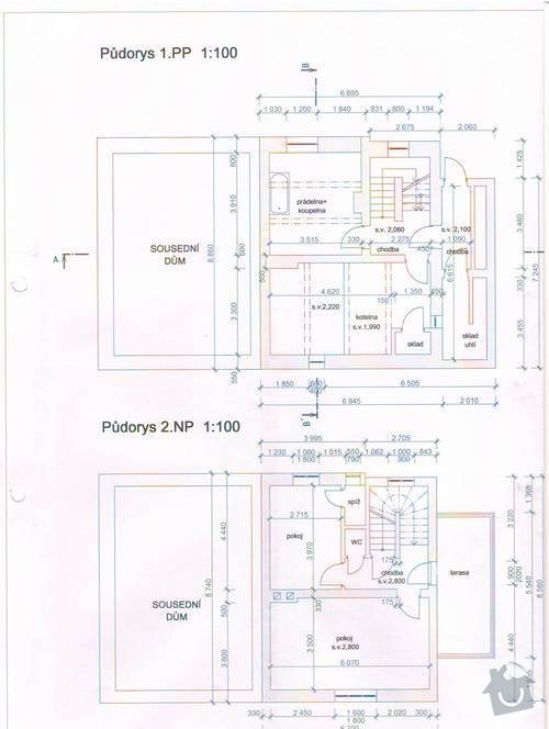 Překreslení stávajícího stavu domu do DWG pro architekta: pudorys_1pp_2np