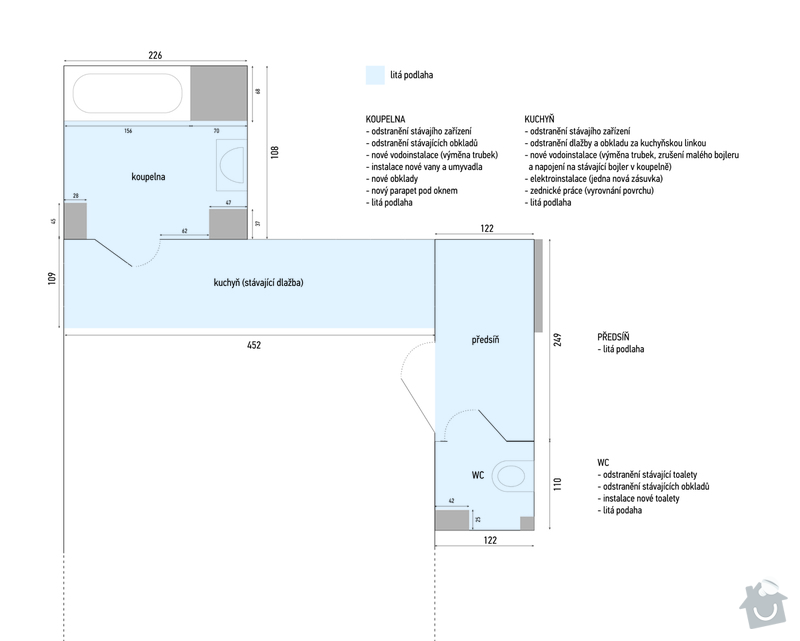Rekonstrukce koupelny, kuchyně a WC: rozkres