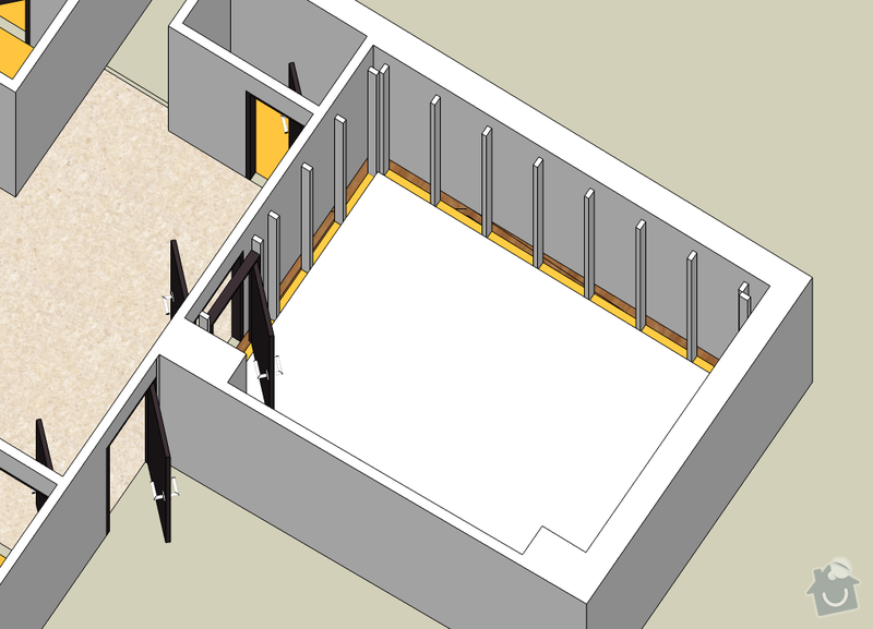 Vybudování konstrukce místnosti ze dřevěných trámů, (akustické příčky), akustická podlaha, sádrokarton.: NahravaciMistnost