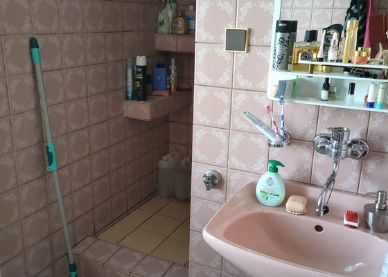 Nové obklady na WC a v koupelně včetně obkladu sprchového koutu.Celková plocha obkladů cca 30 m2,dlažba 6m2.