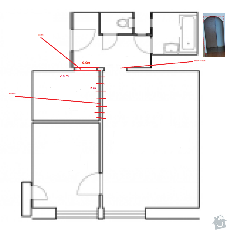 Bourání části příčky, zazdění průchodu : planek