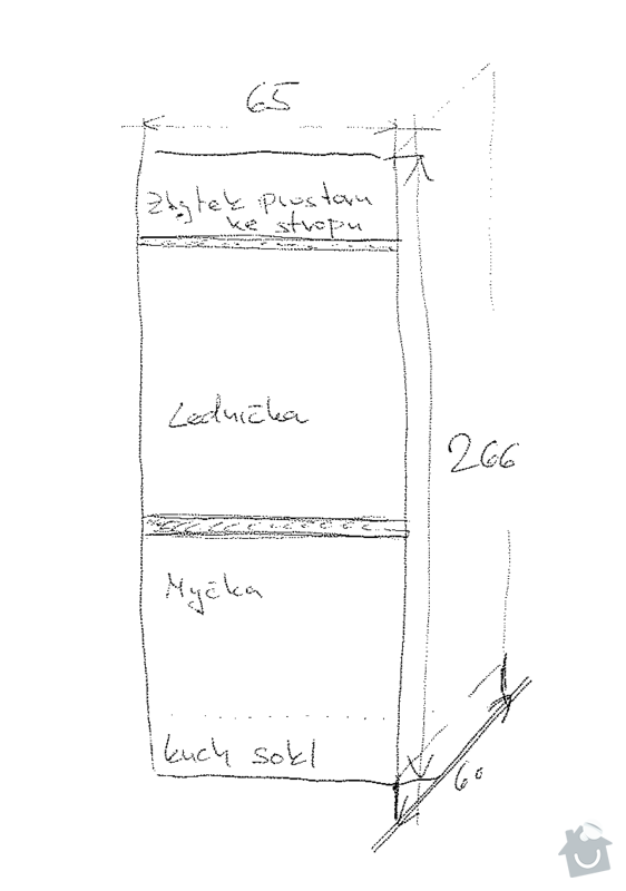 Výroba kuchyňské skříně pro vestavnou ledničku a myčku: skica