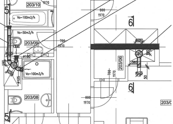 Výměna 3 ks axiálních ventilátorů za radiální + 1 ks ventilátorů bude o cca 500 mm posunut v SDK podhledu - stav před realizací