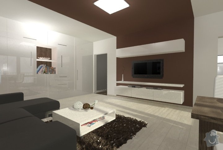 Hnědo béžová moderní koupelna, bílá kuchyně a obývací pokoj do hněda: Byt_Predmosti_obyvak_16
