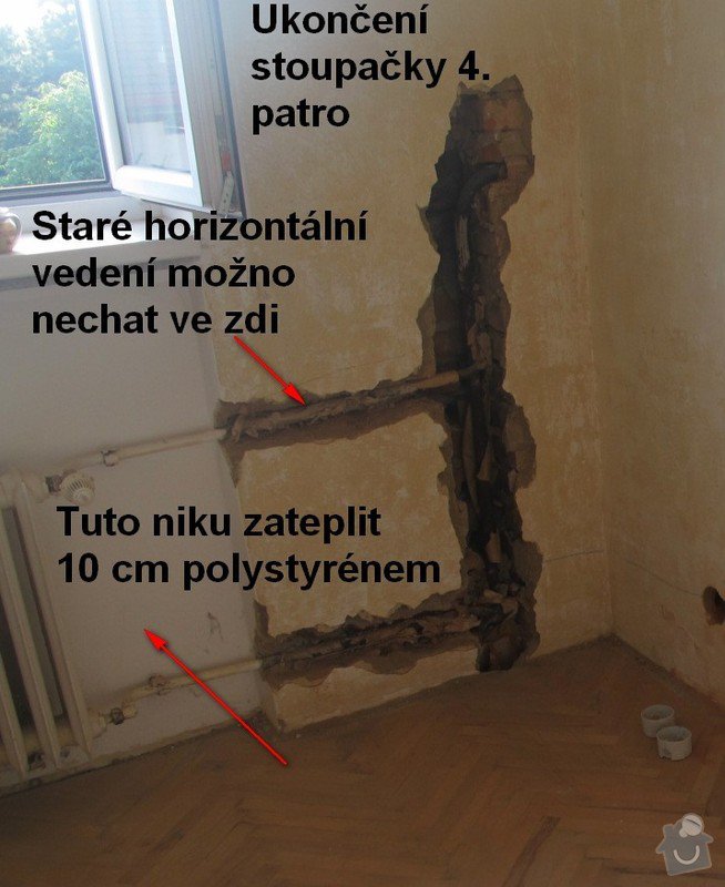 Výměna stoupačky topení a napojených těles v 4 patrovém domě: Rekonstruke-2013-Stoupacka-stara-4patro