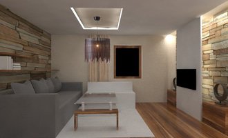 Návrh obývací místnosti 30m2 s krbem