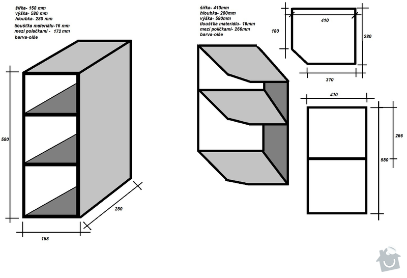 Truhlářské práce, výroba dvou kuchyňských poliček.: policky