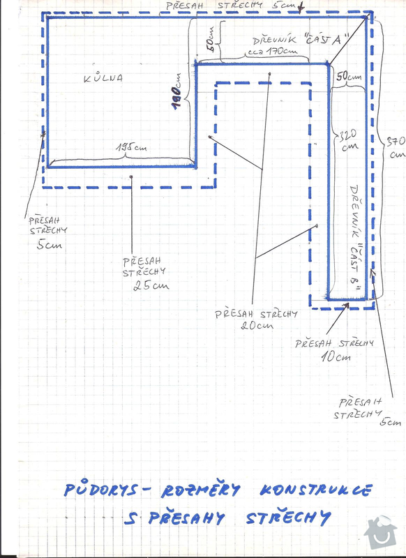 Stavba kůlny s dřevníkem - okres Kladno - prioritou rychlost zhotovení: 2_-_pudorys_rozmery_konstrukce
