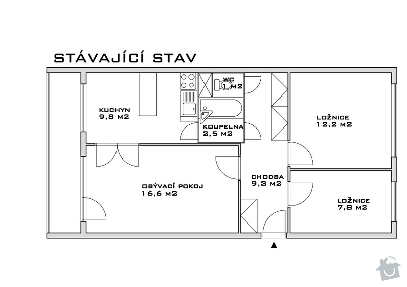 Rekonstrukce jádra a předsíně panelového bytu 3+1: stav