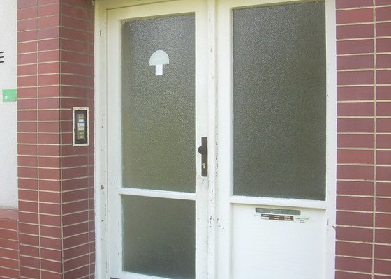 2 ks vchodových dveří do bytového domu, nové dveřní křídlo dveří do sklepa - stav před realizací