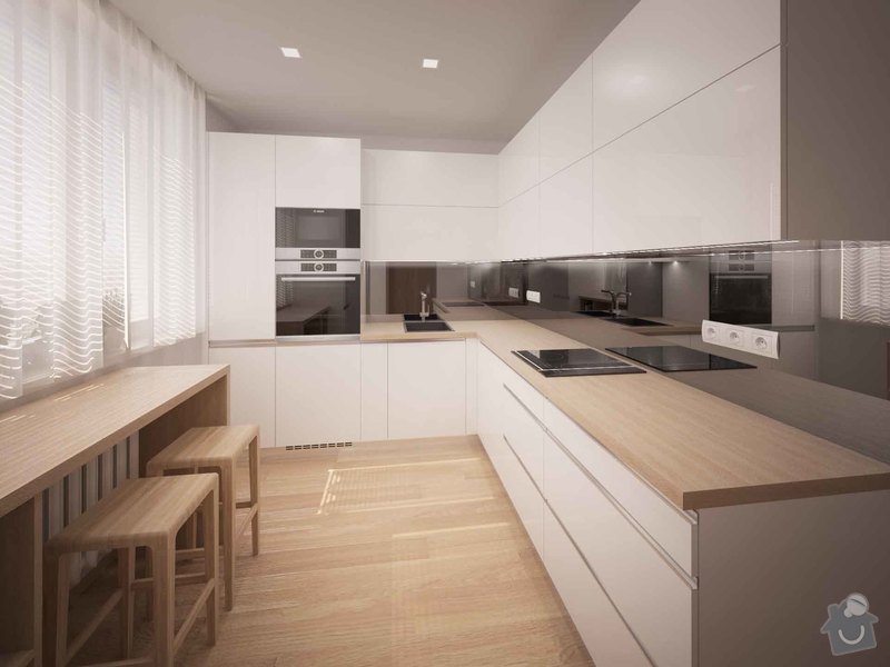 Návrh kompletní rekonstrukce panelákového bytu 3+1: moderni_kuchyn_bile_skrinky_drevena_deska