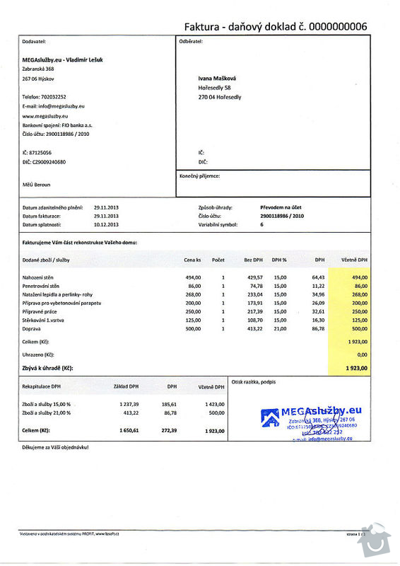 Malířské a zednické práce (3 místnosti): faktura_lesuk