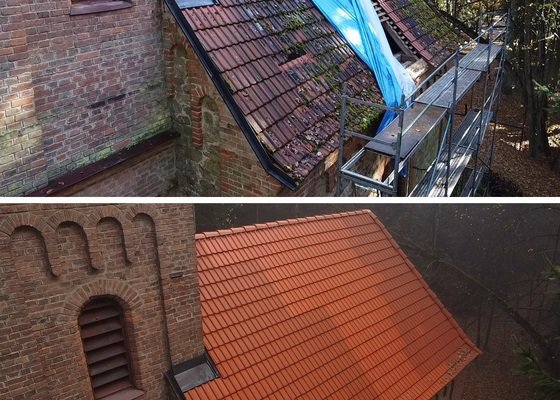 Lokální akutní oprava krytiny a celkové umytí střechy kaple