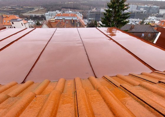 Natření a menší oprava plechové střechy 3 vykýřů v mansardové střeše.