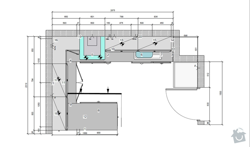 Příprava instalací (elektro, voda, odpad) pro kuchyňskou linku: pudorys