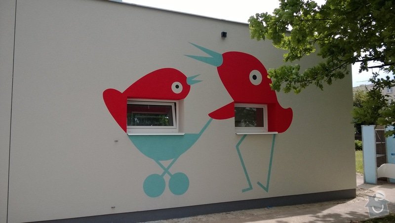 Dekorativní malby na fasádu školky v Dobrušce: Dekorativni_malba_na_fasadu_abstraktni_ptaci_MS_Dobruska_5_