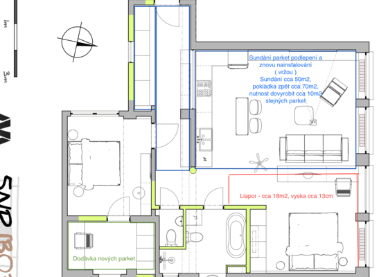 Poptavám renovaci parket v bytě + vyvýšení podlahy Liaporem - stav před realizací