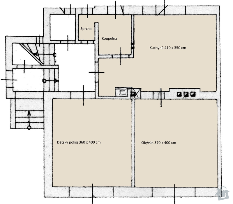 Podlahové topení (3 pokoje a koupelna), 45 m2: prizemi-pokoje