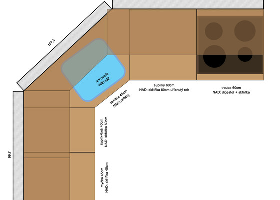 Složení kuchyně + dodělání skříňky a poliček na míru