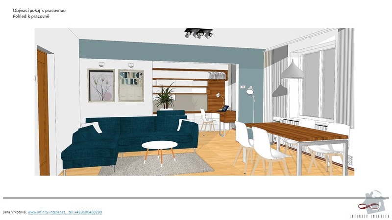 Návrh a vybavení obývacího pokoje: JIRKOVI_pohled_k_pracovne