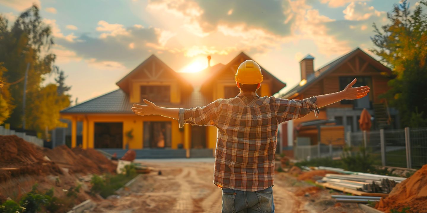 Muž stojící před dokončeným domem